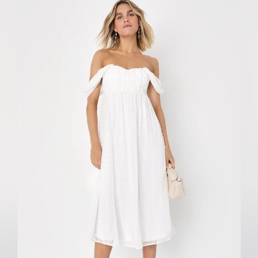 Nwt Lulu's Lovely Charisma White Eyelet Embroidered Off-Shoulder Dress M